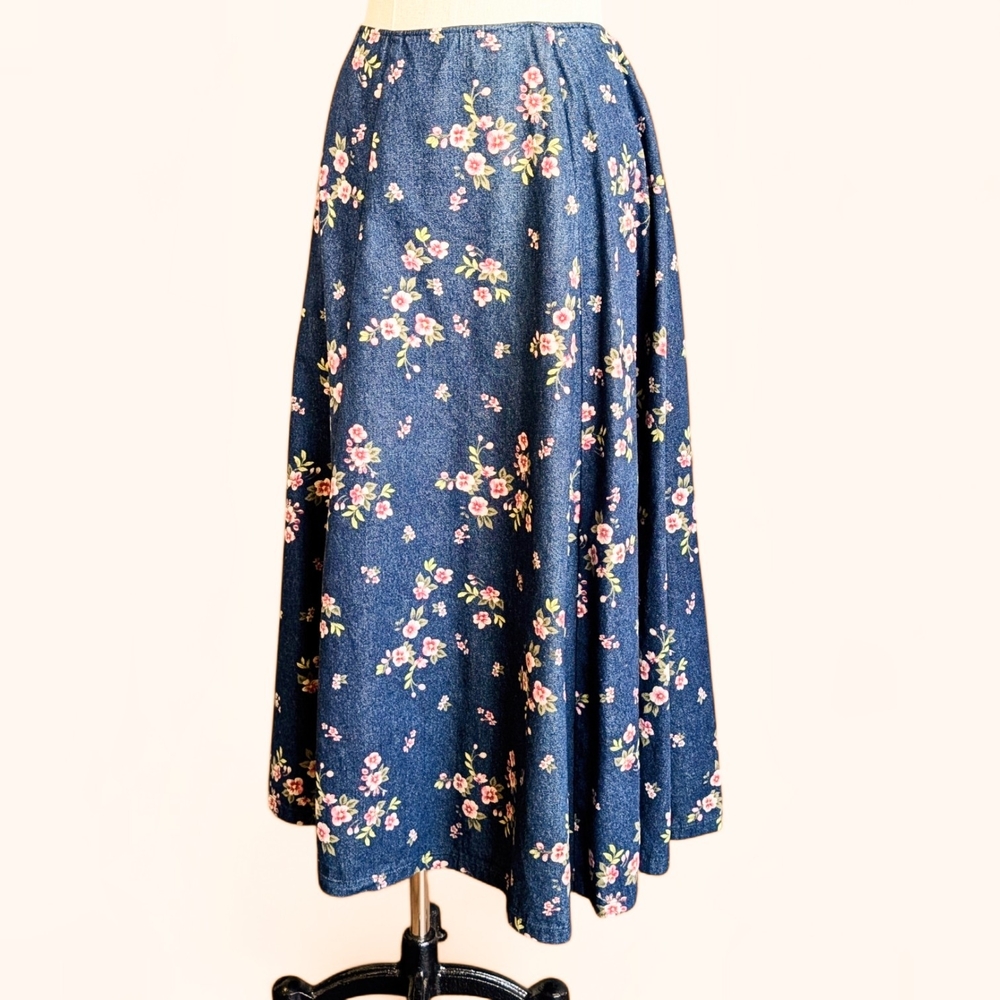 Cottagecore Floral Denim Midi Skirt Handmade Vintage Style Blue Prairie Skirt - Picture 6 of 9